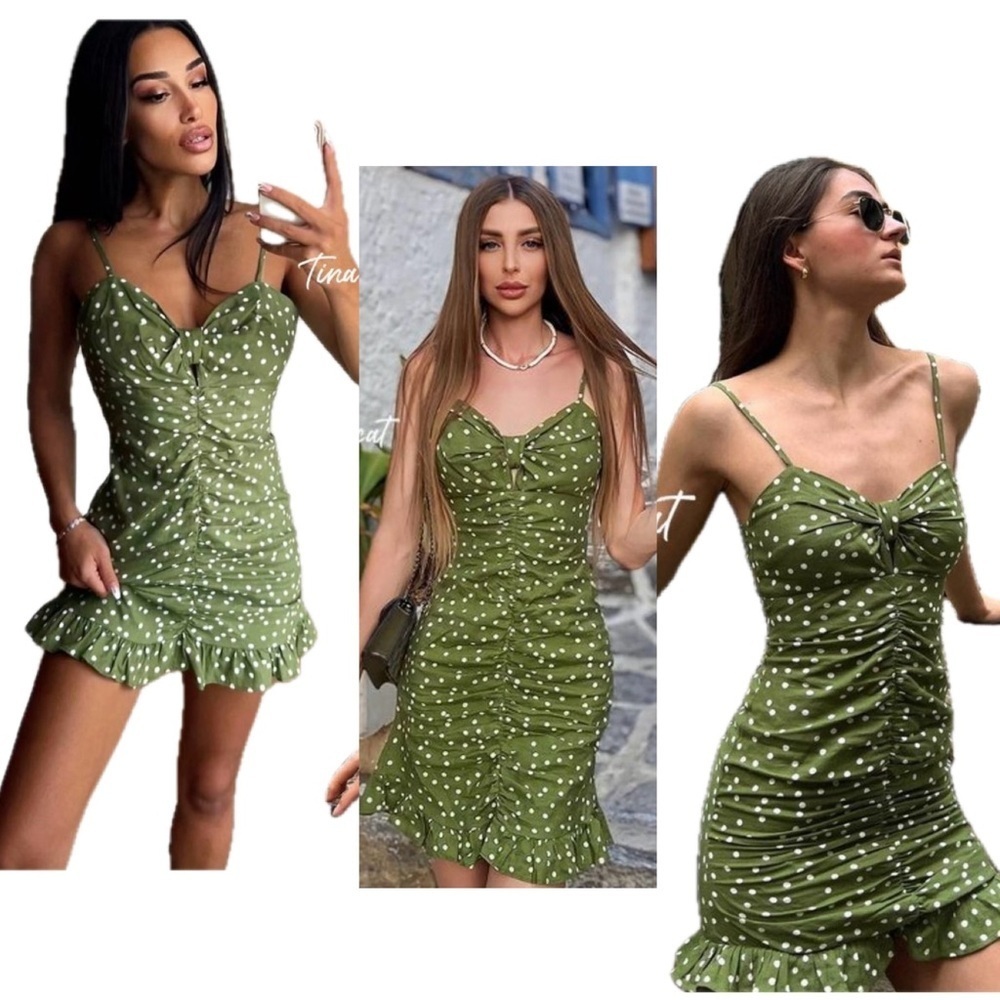Zara green white polkadot ruched ruffle frill flounced hem mini dress bodycon XS